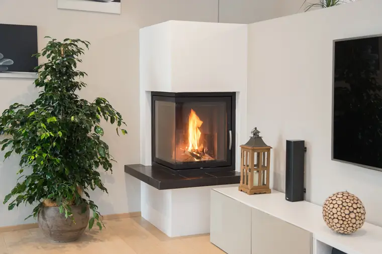 Eckkamin neben einer großen Zimmerpflanze